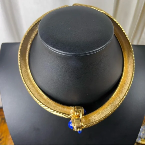 Vintage Givenchy 18k Gold Plated Torque Necklace w/ Glass Stones & Rhinestones - Picture 8 of 16